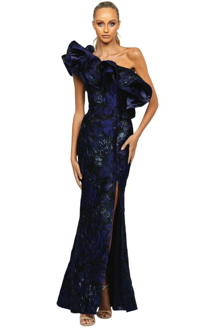 Bonne Nuit One Shoulder Gown in Navy by Bariano RENTAL The Fitzroy