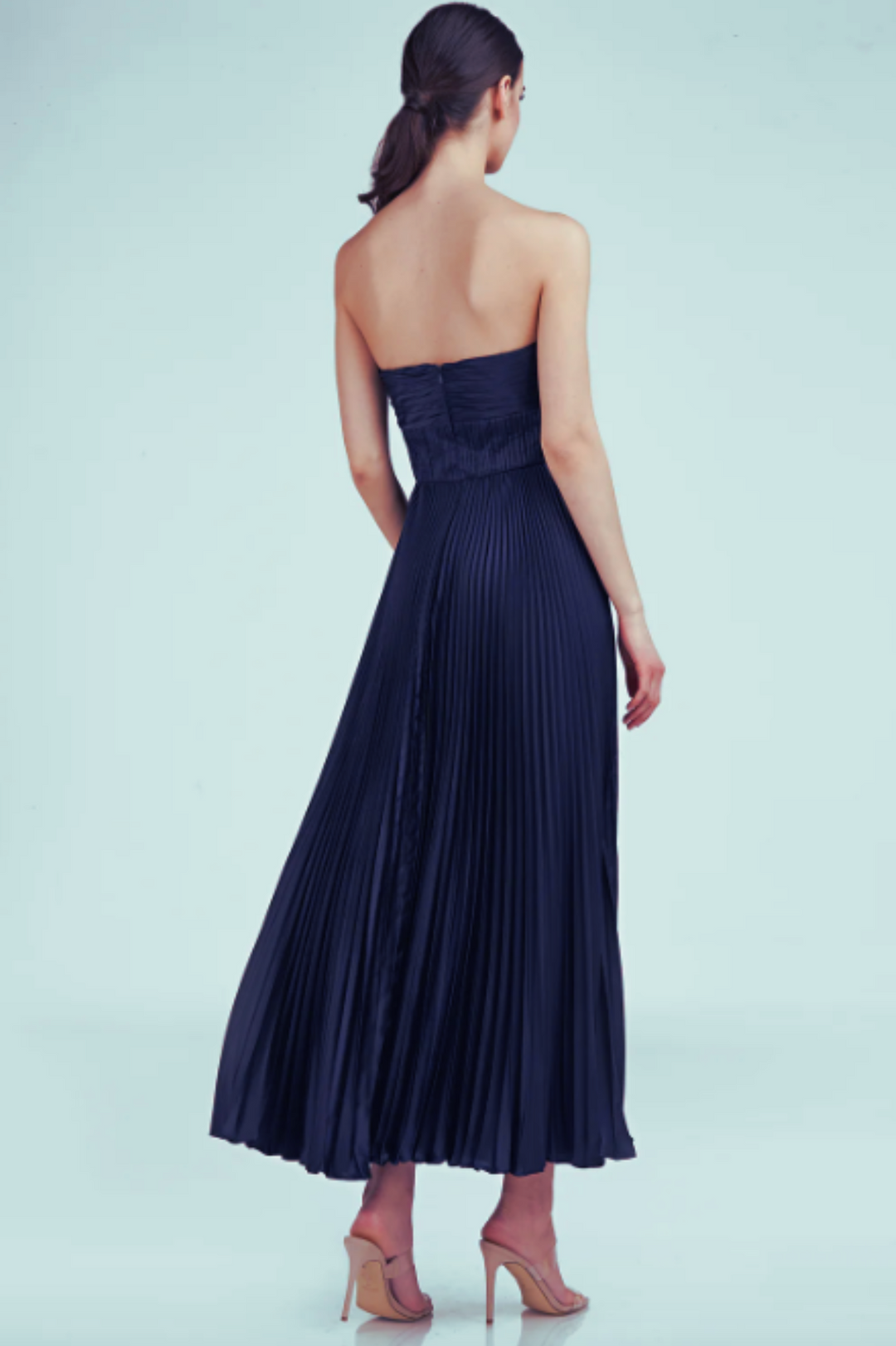 Belle Pleated Strapless Dress in Navy by AMUR RENTAL The Fitzroy