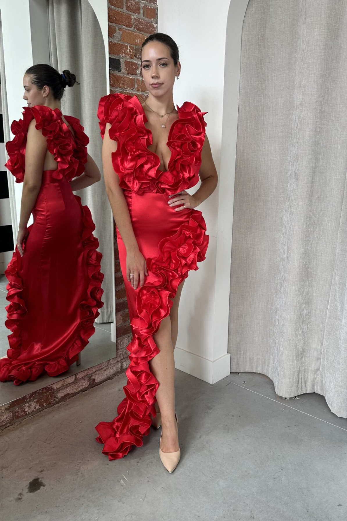 Aurora Red Ruffle Gown by Bronx and Banco