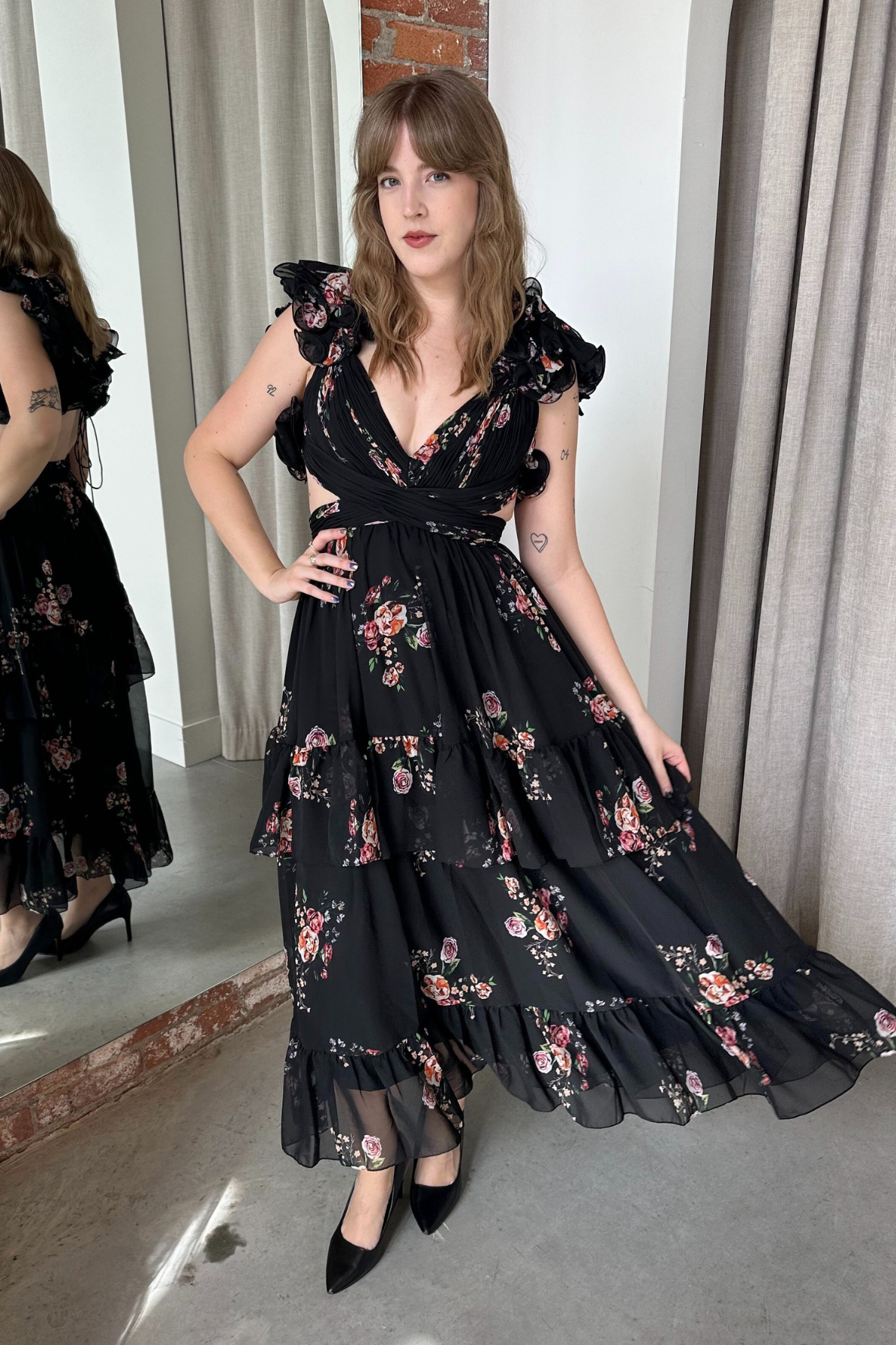 Barcelona Midi Dress in Black Floral by Mac Duggal - RENTAL