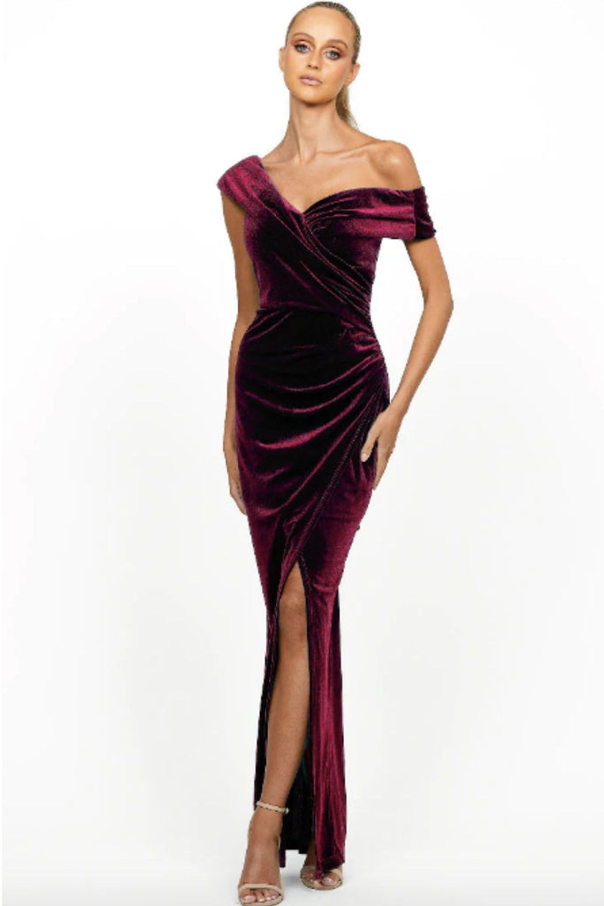 Ciara Off Shoulder Gown in Wine by Bariano RENTAL The Fitzroy