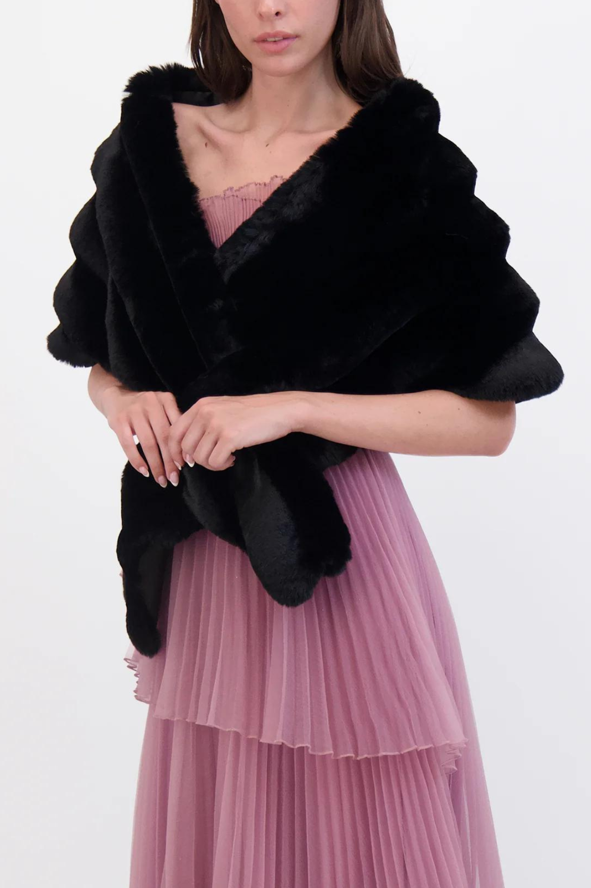 Maura Faux fur Chinchilla Shawl in Black by THEIA - RENTAL