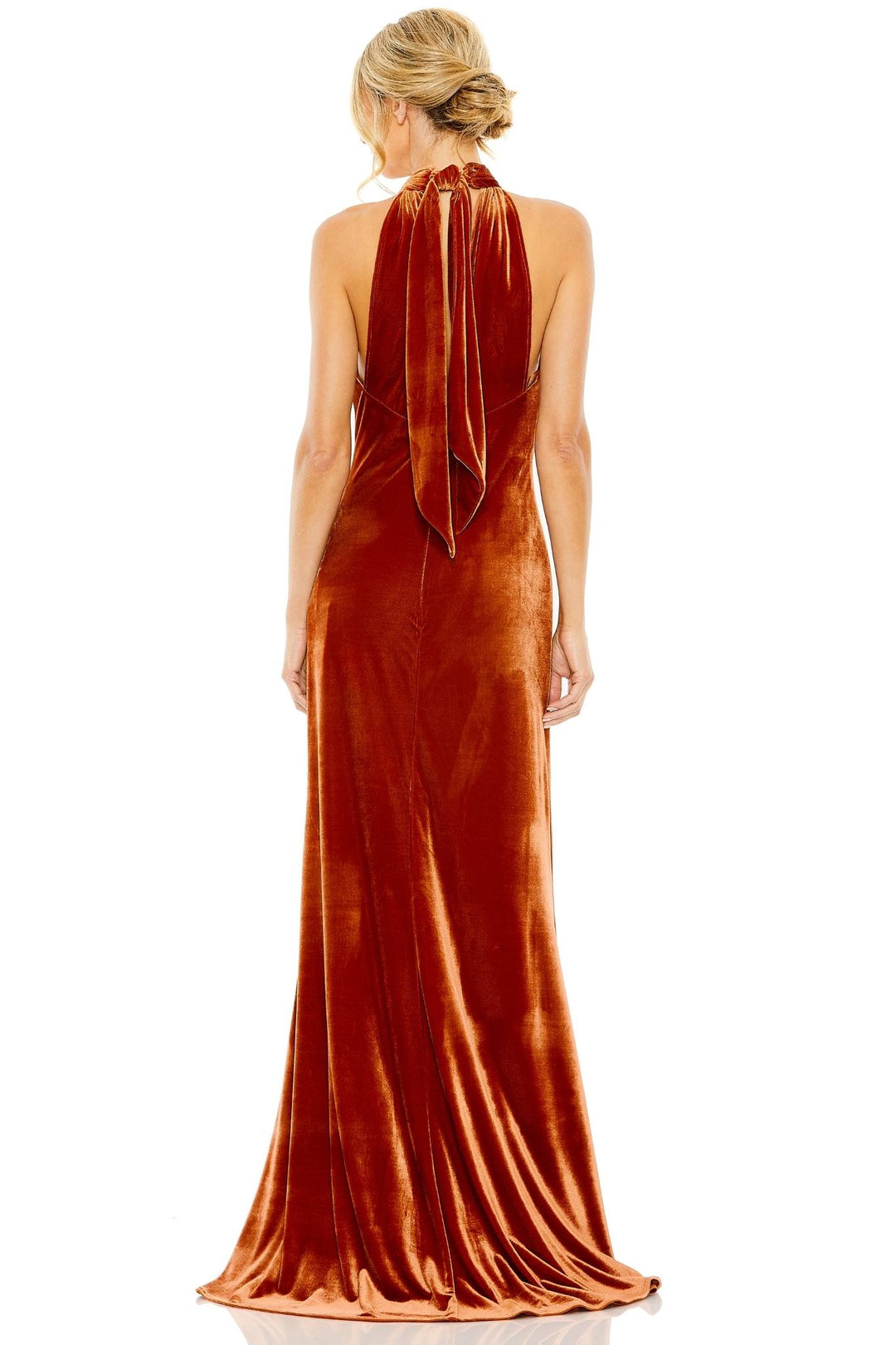 Pasha Halter Gown in Burnt Orange by Mac Duggal RENTAL The Fitzroy