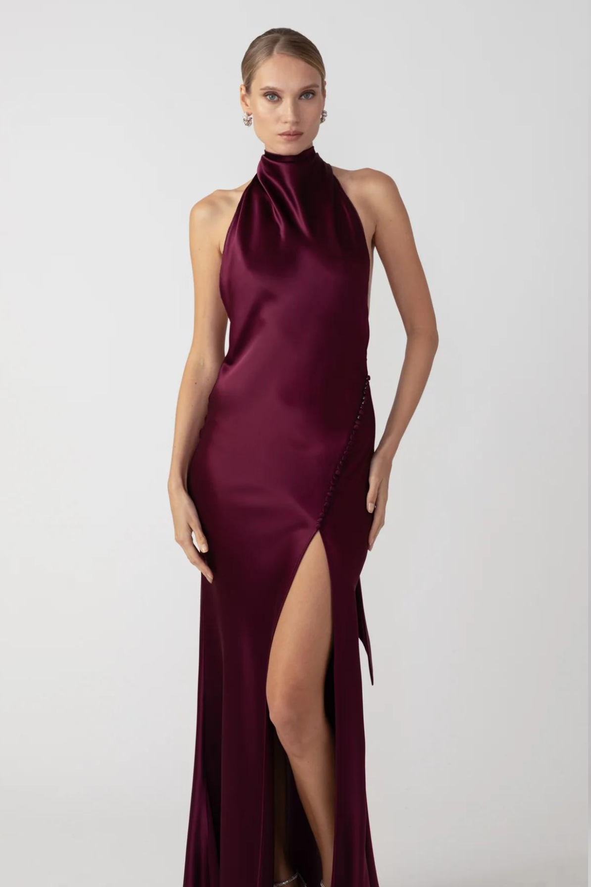 Penelope Satin Gown in Bordeaux (Petite Length) by Sau Lee - RENTAL