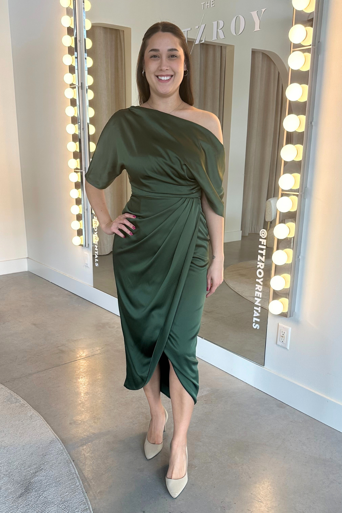 Rayna One Shoulder Draped Dress in Green by Theia Couture - RENTAL