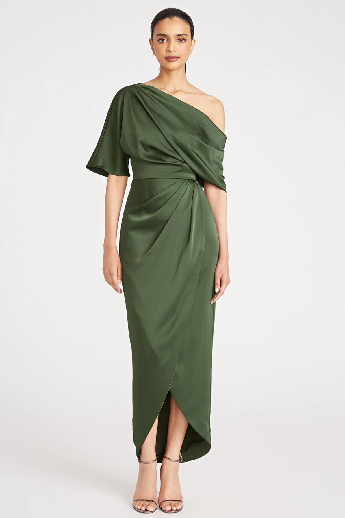 Rayna One Shoulder Draped Dress in Green by Theia Couture - RENTAL