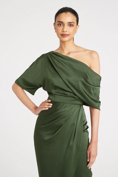 Rayna One Shoulder Draped Dress in Green by Theia Couture - RENTAL