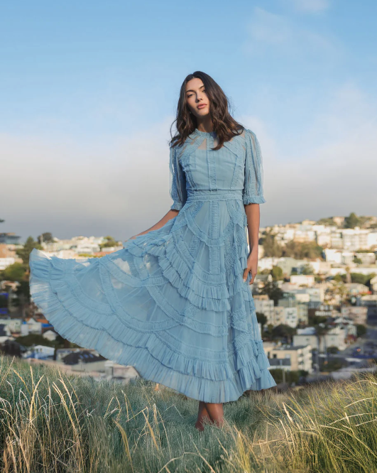 Periwinkle Ruffle Midi Dress by Mac Duggal - RENTAL