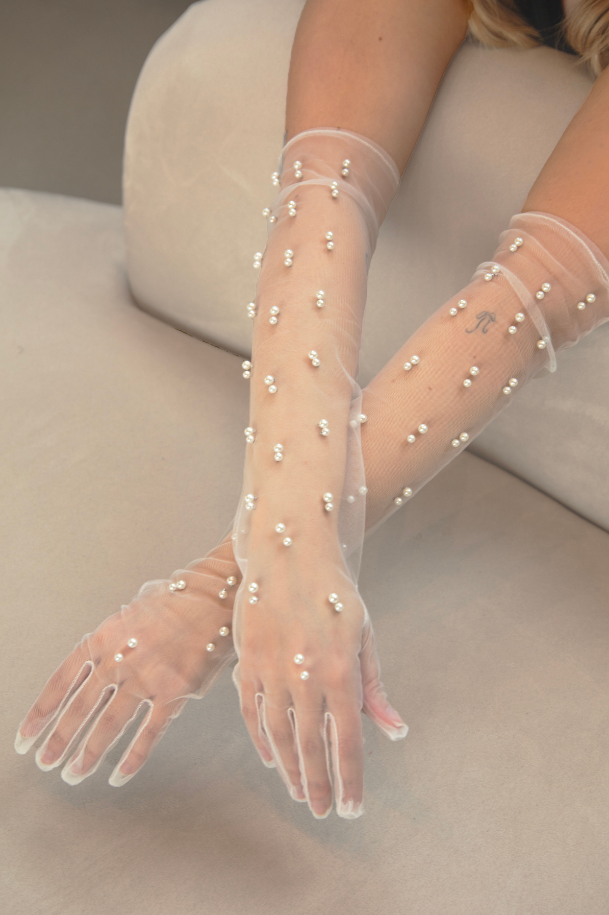 White Sheer Pearl Accent Gloves