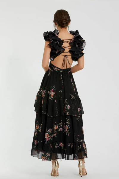 Barcelona Midi Dress in Black Floral by Mac Duggal - RENTAL