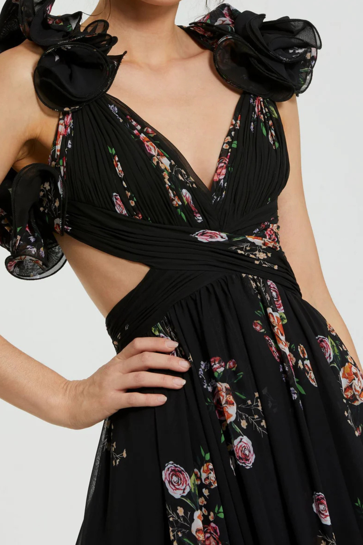 Barcelona Midi Dress in Black Floral by Mac Duggal - RENTAL