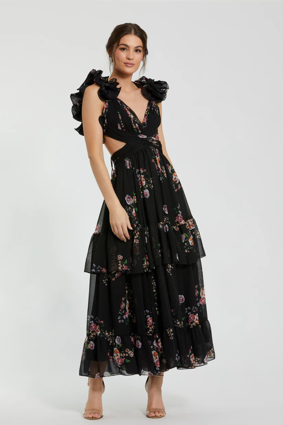 Barcelona Midi Dress in Black Floral by Mac Duggal - RENTAL