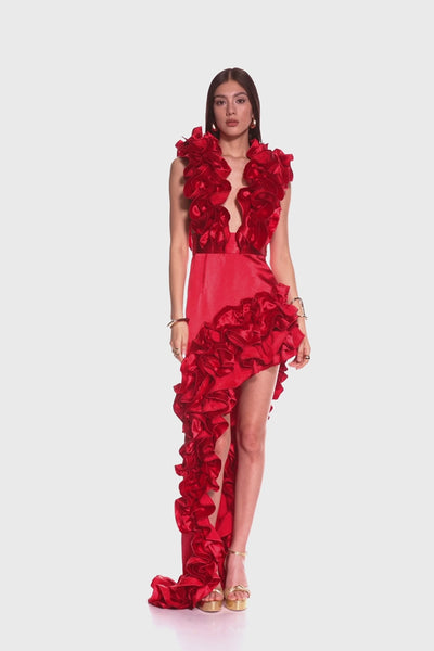 Aurora Red Ruffle Gown by Bronx and Banco